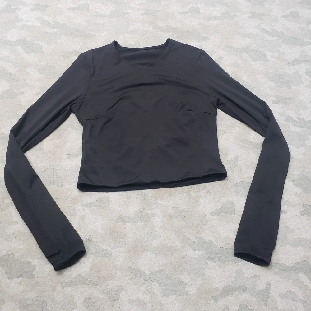 Lululemon Crop Top Womens 10 Black Pullover V-Neck Long Sleeve